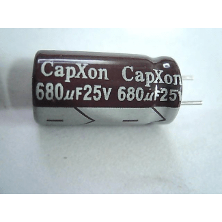 Condensador 25v 680µf electrolítico radial 16x10mm.